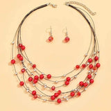 Kymyad Ethnic Necklace Earrings Set for Women Simulated Pearl Crystal Jewelry Sets Multilayer Choker Necklace Women Jewelry Set