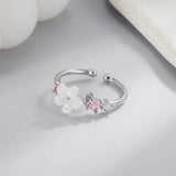 Silver pink romantic flower ring with zircon and cherry blossom design
