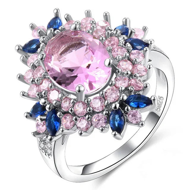 925 sterling silver ring with pink and blue gemstones, elegant women's jewelry ring