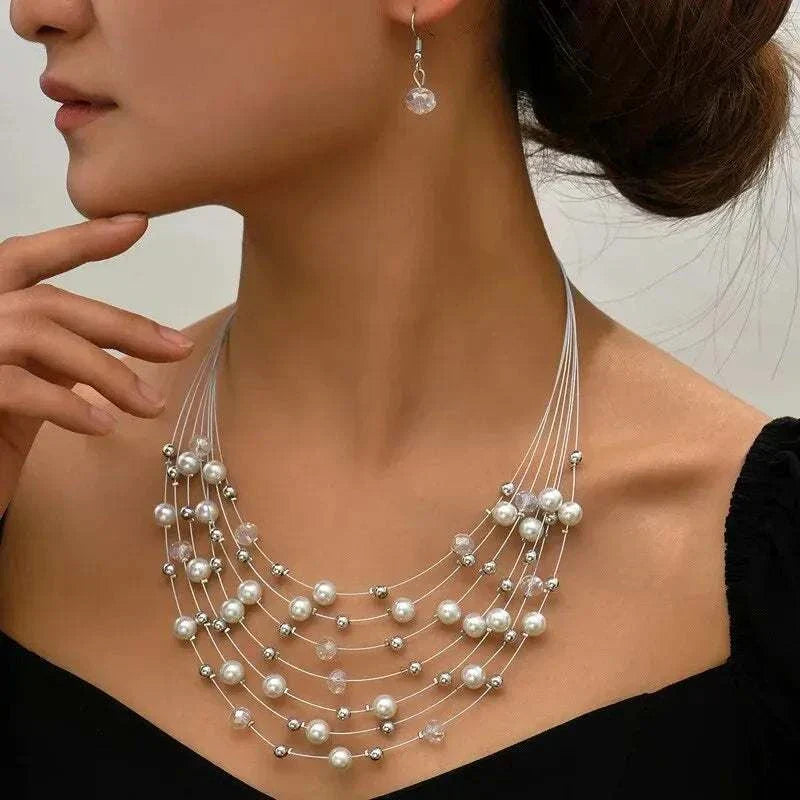 Kymyad Ethnic Necklace Earrings Set for Women Simulated Pearl Crystal Jewelry Sets Multilayer Choker Necklace Women Jewelry Set