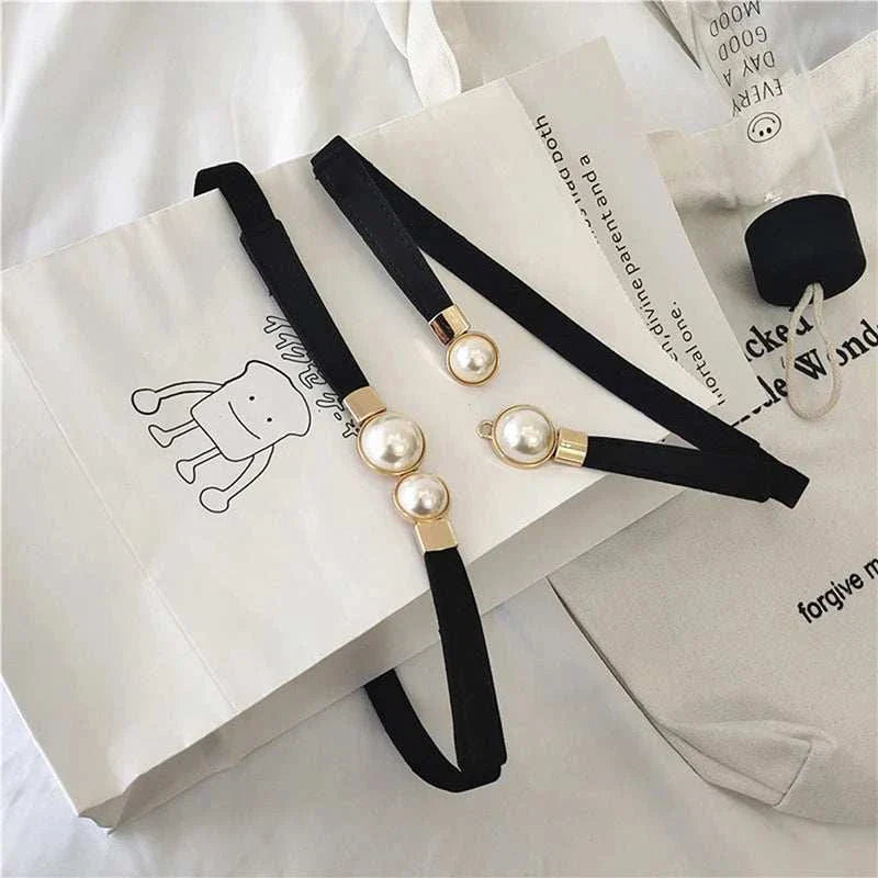 Creative Pearl Buckle Belt PU Leather Dress Skirt Waist Elastic Thin Women Belts Ladies Waistband