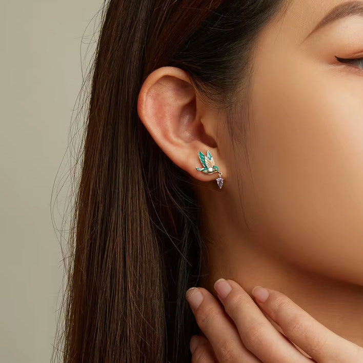 925 Sterling Silver Exqusite Kingfisher Stud Earrings for Women Colored Bird Ear Studs Trendy Gift Fine Jewelry BSE690