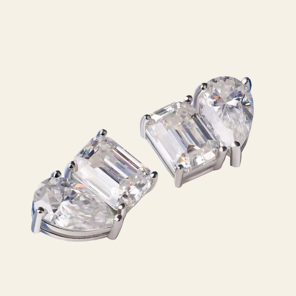 4CTTW Pear & Emerald Cut Moissanite Stud Earrings for Women 925 Sterling Silver Two Stone Ear Studs Party Wedding Jewelry Gift