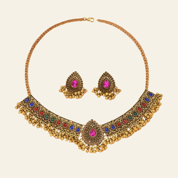 Vintage gold-tone jewelry set with colorful gemstones necklace and matching earrings