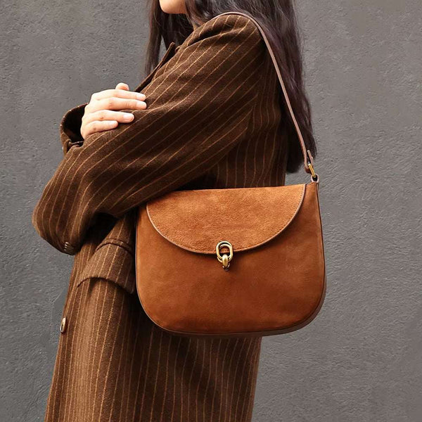 Luxury Brand Rodeo women brown suede and leather shoulder bag with flap and hasp closure