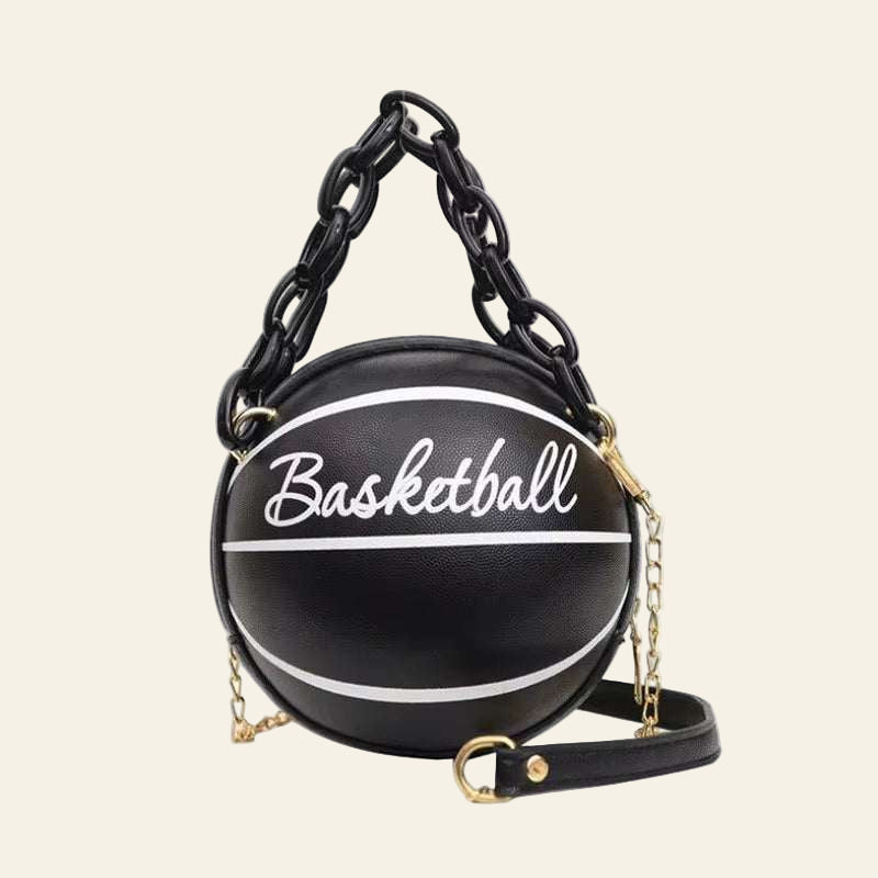 Black basketball shaped ball purse for teenagers with chain shoulder strap and PU leather material