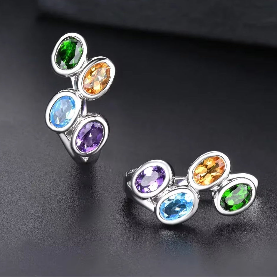 Hutang Colorful Gemstone Hoop Earrings 925 Sterling Silver Blue Zircon Topaz English Lock Jewelry for Women Earrings