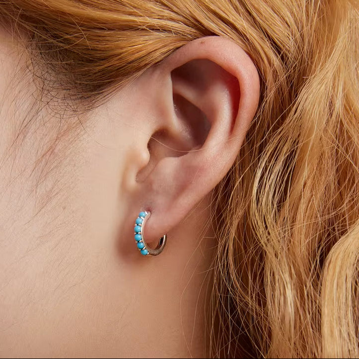 European Vintage Natural Turquoise Hoop Earrings Solid 925 Sterling Silver Luxury Trendy Earring for Women Wedding Jewelry