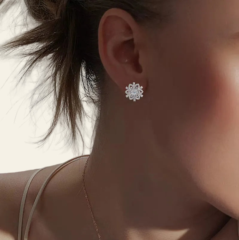 Full Moissanite Snowflake Earrings Studs 925 Real Silver Classic Flower Design Plated 18K Sparkling Women'S Luxury Jewelry