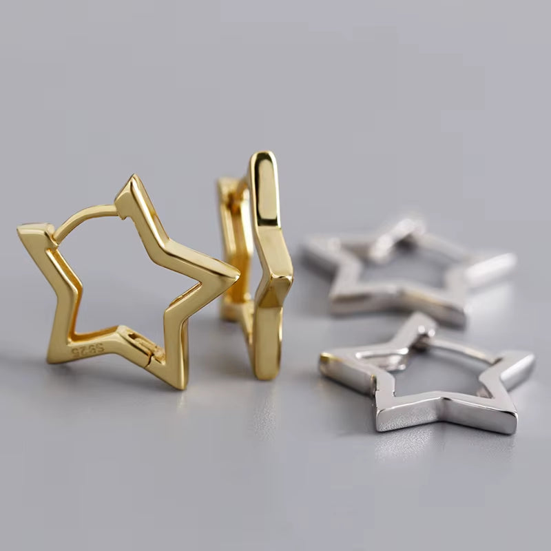 925 Sterling Silver Fashion Statement Gold Stars Huggies Hoop Earrings for Women European Charms Party Jewelry Ear Buckle