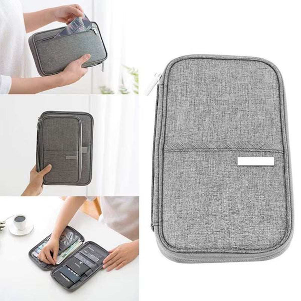 Gray waterproof passport holder travel wallet with zipper and multiple compartments
