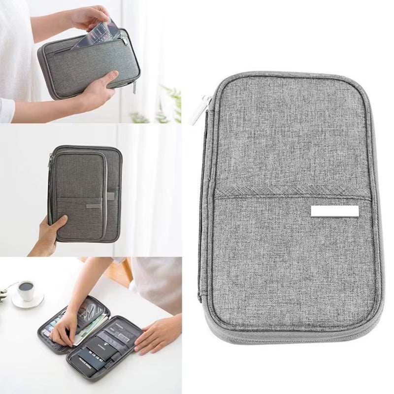 Gray waterproof passport holder travel wallet with zipper and multiple compartments