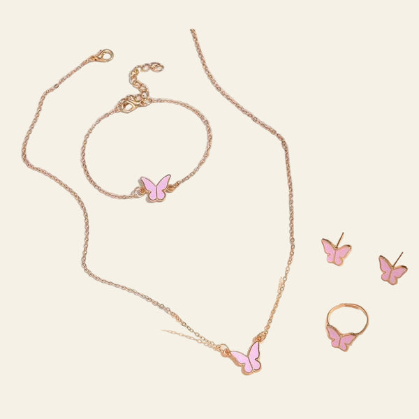 Butterfly pendants necklace set with bracelet, ring, and earrings in pink and gold alloy jewelry.