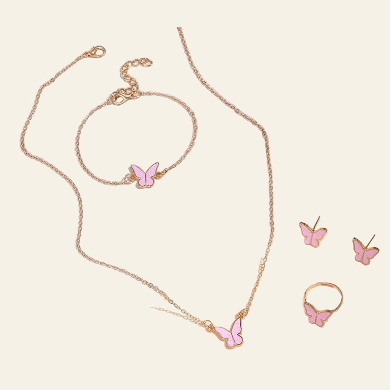 Butterfly pendants necklace set with bracelet, ring, and earrings in pink and gold alloy jewelry.