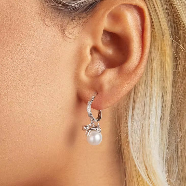 Original 925 Sterling Silver Kitty Pearl Ear Buckles Ear Hoop with Quality Shell Pearl Fine Jewelry for Women Party Gift