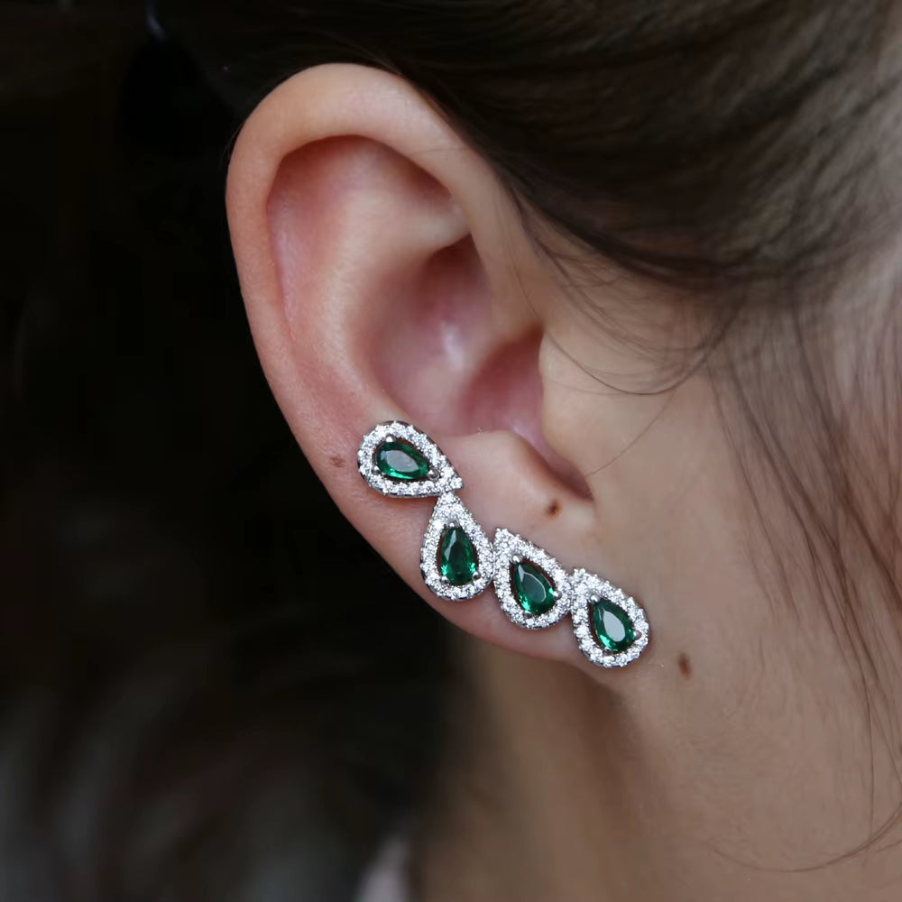Bling Green Cz Stone Paved Teardrop Cubic Zirconia Long Climber Earrings for Women Romantic Fashion Luxury Women Jewelry