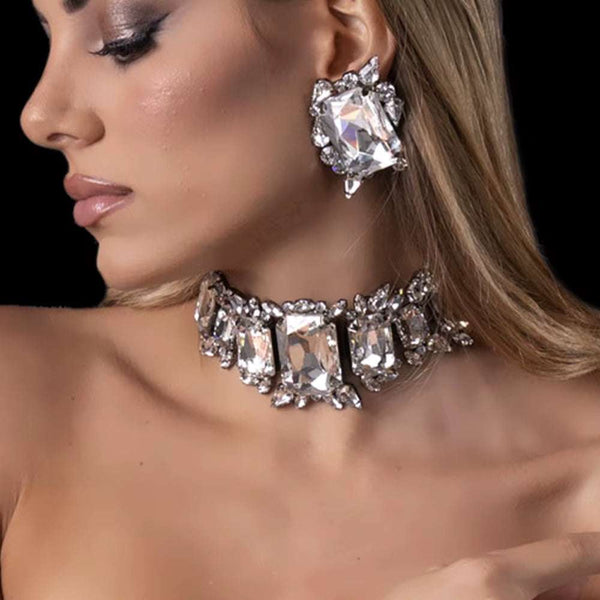 Stonefans Bride Crystal Necklace Earrings Set worn on model with large rectangular clear crystals and silver accents