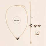Butterfly pendants necklace and matching jewelry set with bracelet, ring, and earrings in black and gold alloy.