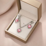 Fashion Heart Zircon necklace and earrings set with pink heart-shaped stones in beige gift box