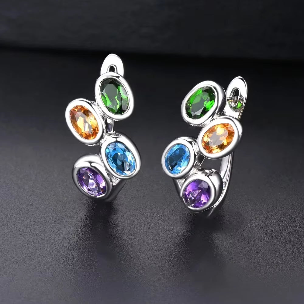 Hutang Colorful Gemstone Hoop Earrings 925 Sterling Silver Blue Zircon Topaz English Lock Jewelry for Women Earrings
