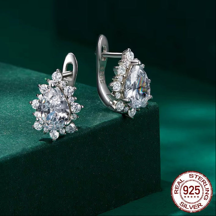 925 Sterling Silver Water-Drop Zircon Ear Buckles for Women Luxury U-Shaped Earrings Wedding Gift Fine Jewelry BSE670