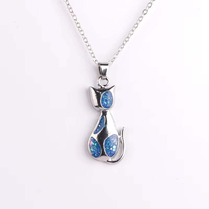 Elegant Female Blue Zinc Alloy Necklace Oval Mysterious Cat Necklaces Pendants New Fashion Animal Jewelry Birthday Gift