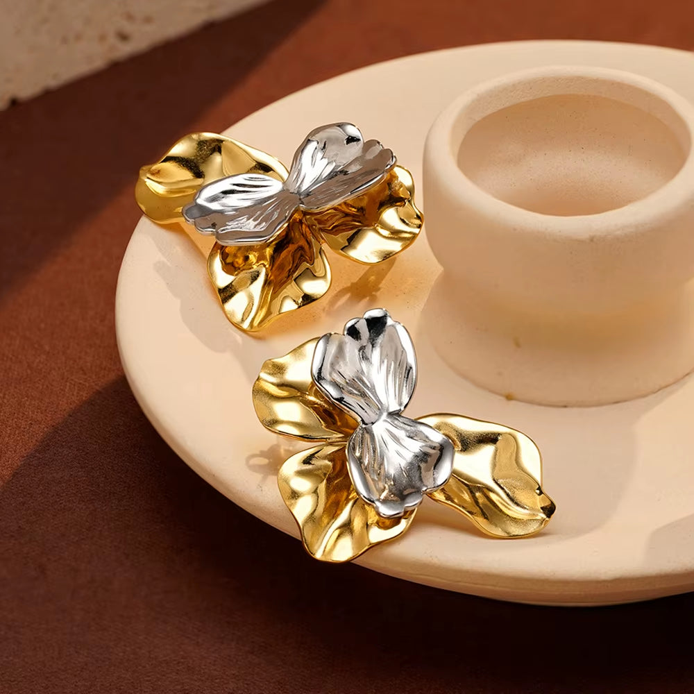 Aretes De Mujer Two Tone Flower Stud Earrings for Women'S Stainless Steel 18K Gold Plated Fashion Dating E251745