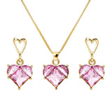 gold necklace and earrings set with pink heart-shaped zircon gemstones fashion jewelry set