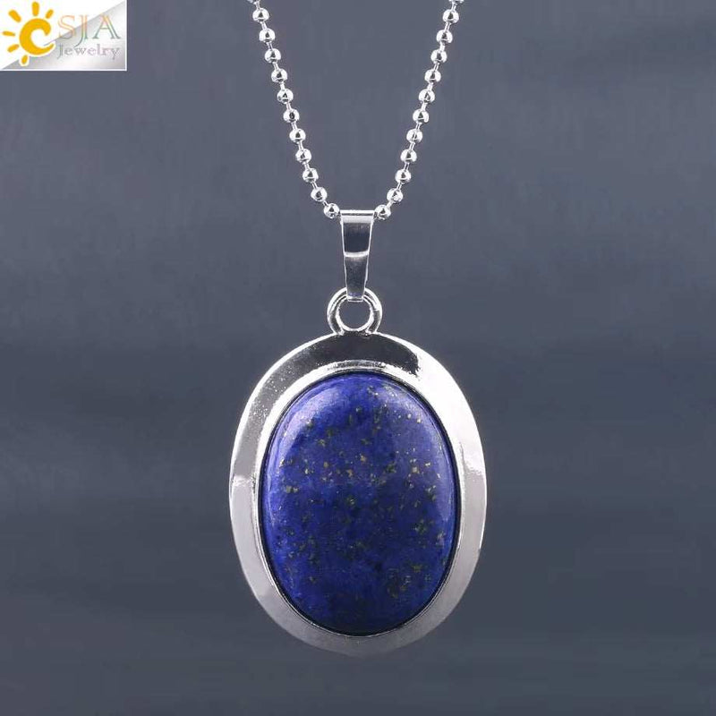 CSJA Oval Natural Gem Stone Pendant Necklaces Reiki Cabochon Crystal Beads Small Pendants for Women Girl Cute Charm Jewelry F564