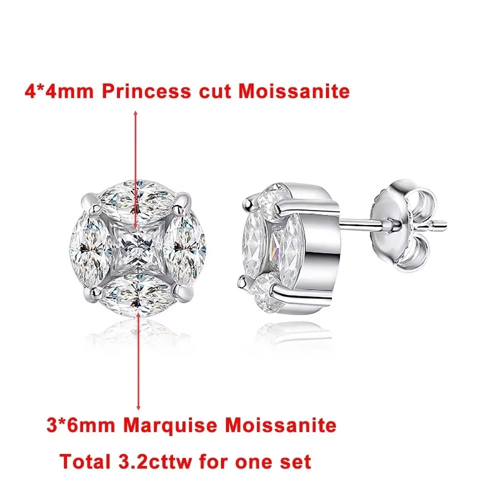 10Mm Cluster Star Moissanite Stud Earrings with Certificates 925 Sterling Silver Princess/Marquise Cut Diamond Earring for Women