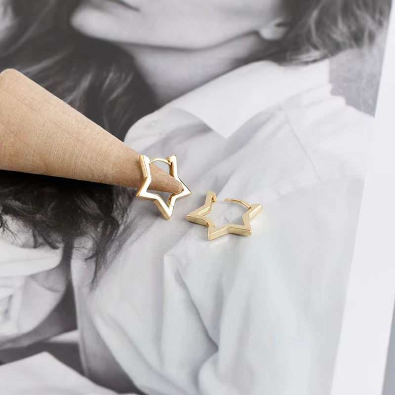 925 Sterling Silver Fashion Statement Gold Stars Huggies Hoop Earrings for Women European Charms Party Jewelry Ear Buckle