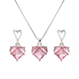 Fashion heart zircon pink gemstone necklace and earrings set with silver chain and heart-shaped pendants