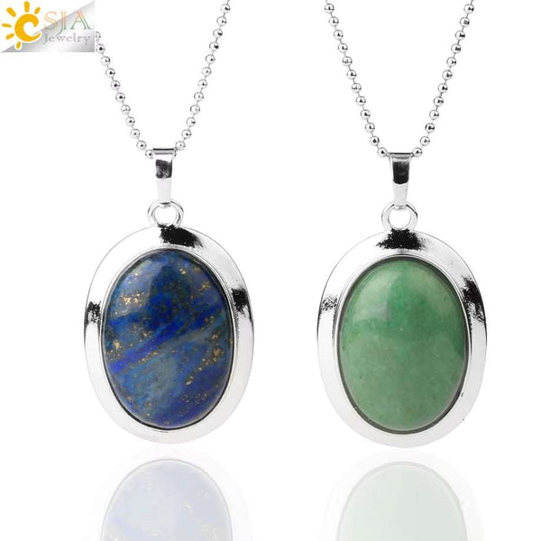 CSJA Oval Natural Gem Stone Pendant Necklaces Reiki Cabochon Crystal Beads Small Pendants for Women Girl Cute Charm Jewelry F564