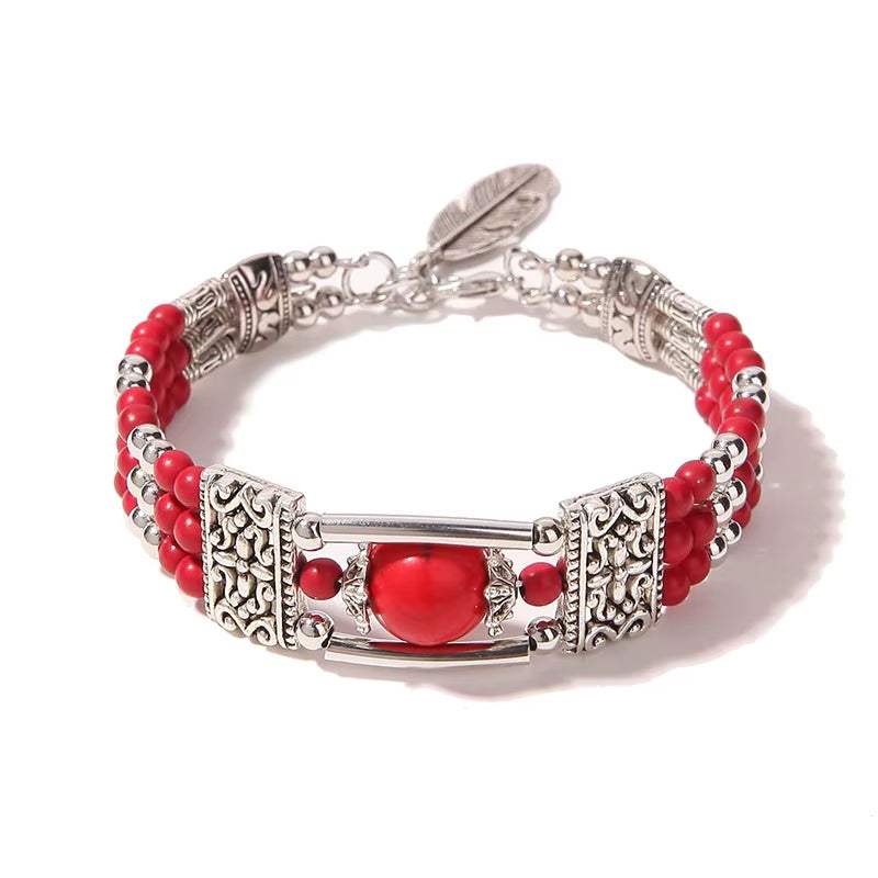 Vintage Natural Stone Bohemian Bracelet for Women Handmade Jewelry Blue round Beads Carved Boho Bracelets Bangles Femme Pulseras