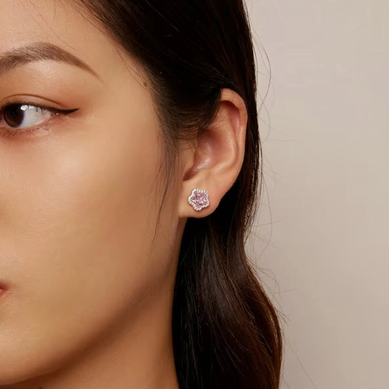 925 Sterling Silver Cute Small Flower Stud Earrings Pink Cherry Blossoms Earrings for Women Birthday Jewelry Gift