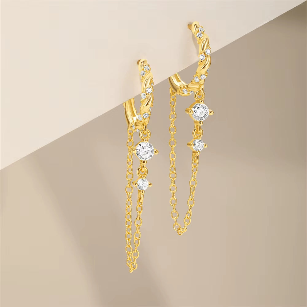 New Trendy Long Chain round Earrings for Women Jewelry 925 Sterling Silver anti Allergy Tassel Huggie Hoop Ear Gift to Her