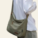 Japanese unisex casual olive green shoulder bag with adjustable strap and front pocket