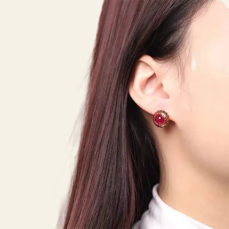 S925 Silver Cloisonne Red Corundum round Earrings for Women Colorful Enamel 18K Gold Luxury Chic Earring Clearance