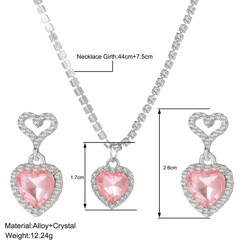 Fashion Heart Zircon necklace and earrings set with pink heart-shaped crystals and alloy material, necklace girth 44cm+7.5cm.