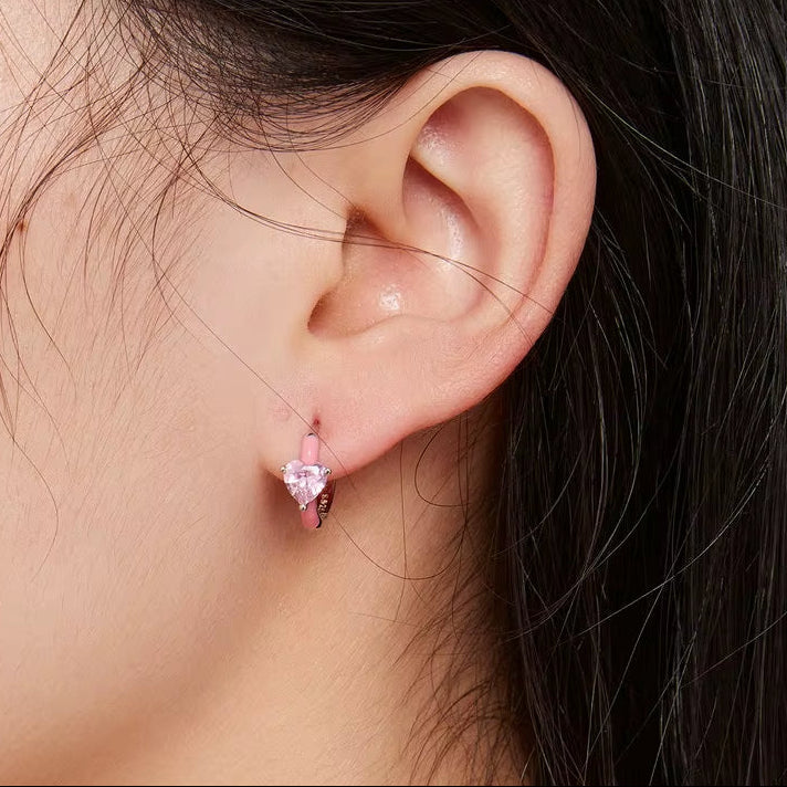 Real 925 Sterling Silver Pink Heart Zircon Hoop Earrings Lovely Cindy Color Oil Printed Ear Clips Earring Girl Party Gift