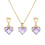 Fashion Heart Zircon purple heart-shaped pendant necklace and matching earrings set in gold tone