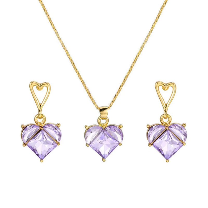 Fashion Heart Zircon purple heart-shaped pendant necklace and matching earrings set in gold tone