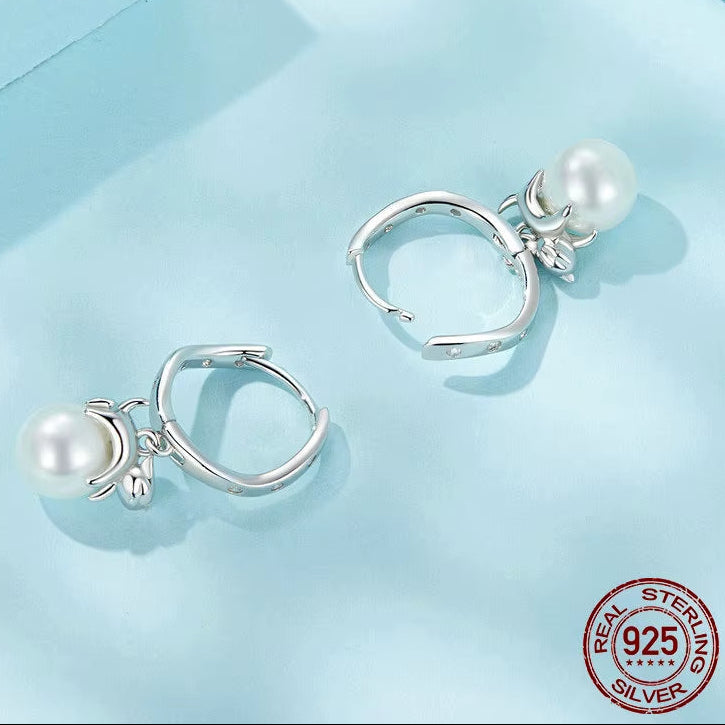 Original 925 Sterling Silver Kitty Pearl Ear Buckles Ear Hoop with Quality Shell Pearl Fine Jewelry for Women Party Gift