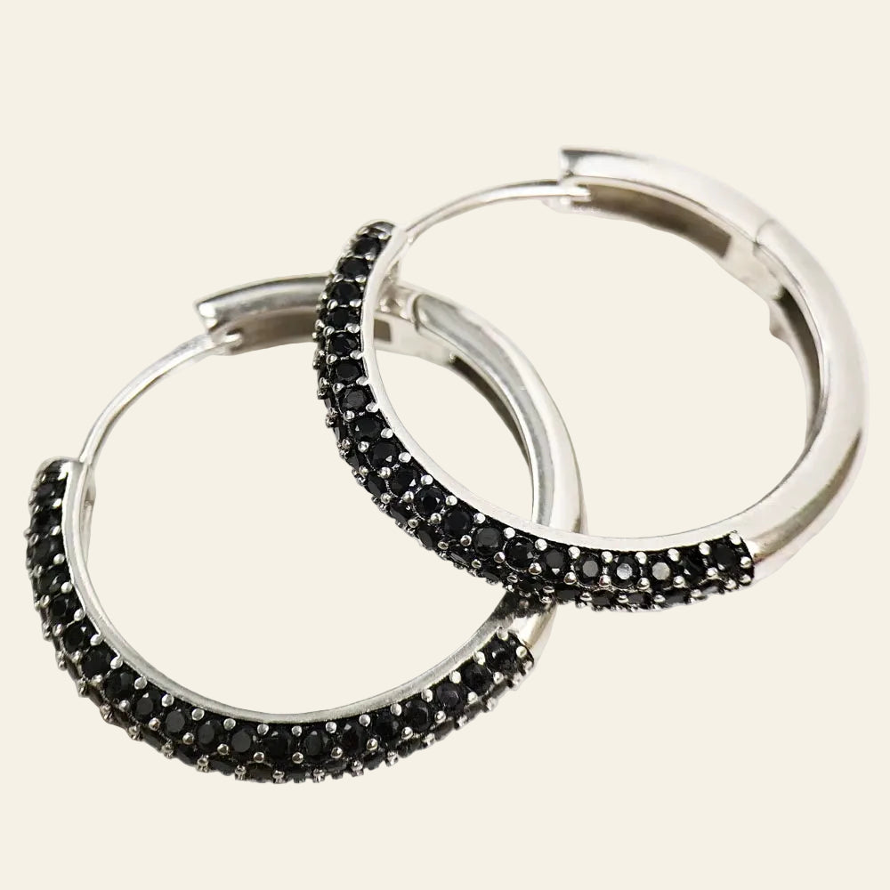 Hinged Hoop Creole Black Pave Earrings Europe Vintage Glam Fine Jewerly for Women Men Gift in 925 Sterling Silver