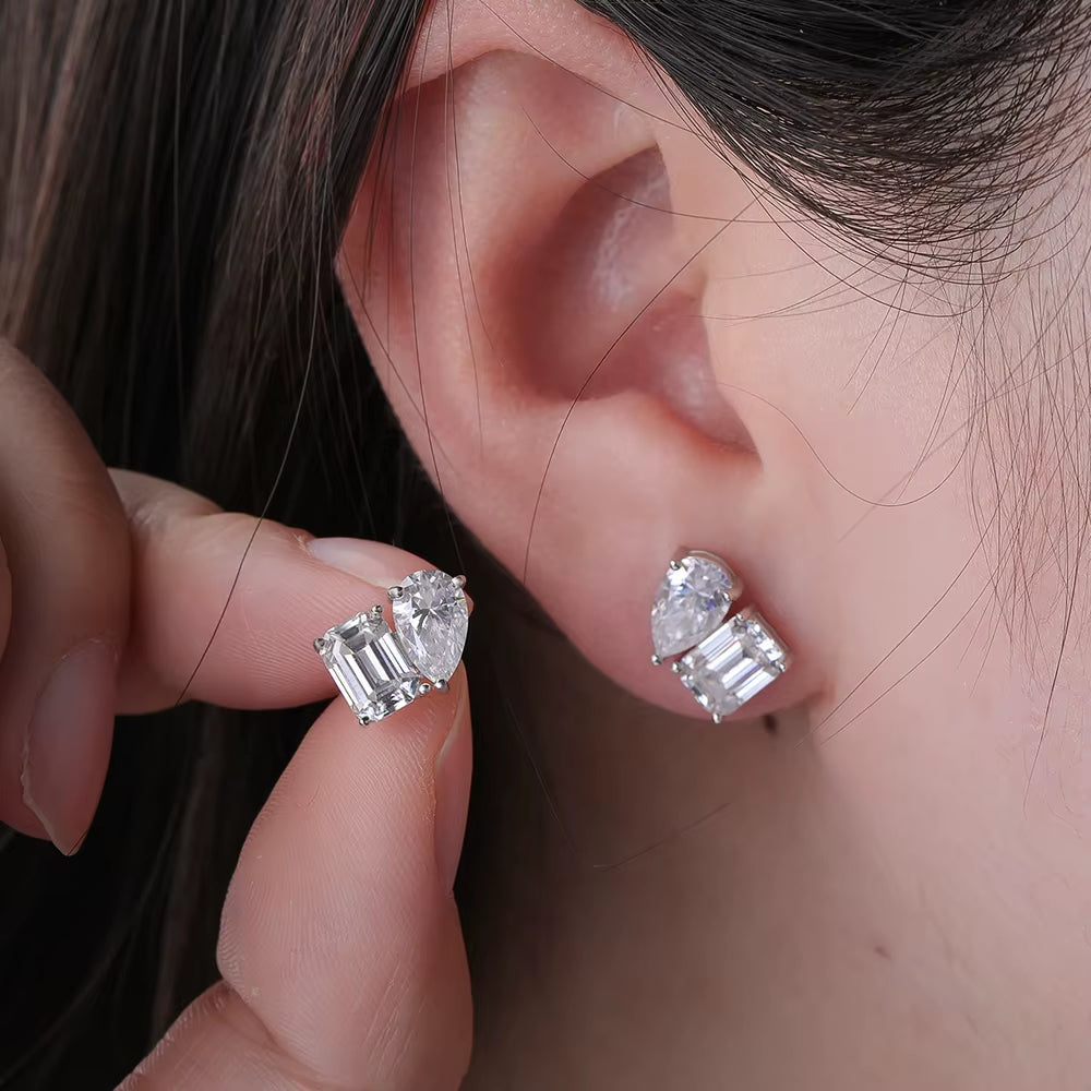 4CTTW Pear & Emerald Cut Moissanite Stud Earrings for Women 925 Sterling Silver Two Stone Ear Studs Party Wedding Jewelry Gift