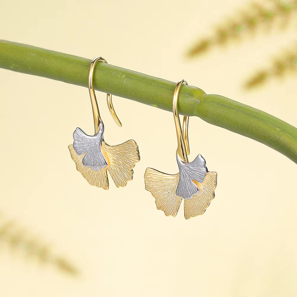 925 Sterling Silver Ginkgo Biloba Leaf Dangle Drop Earrings Handmade Jewelry Birthday Christmas Day Gifts for Women Girls Friend