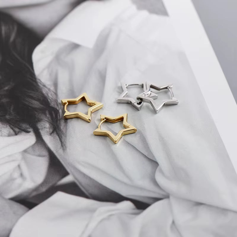 925 Sterling Silver Fashion Statement Gold Stars Huggies Hoop Earrings for Women European Charms Party Jewelry Ear Buckle