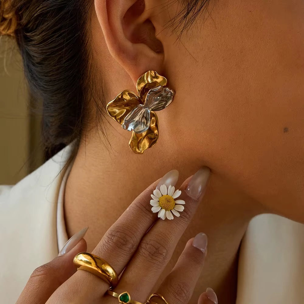 Aretes De Mujer Two Tone Flower Stud Earrings for Women'S Stainless Steel 18K Gold Plated Fashion Dating E251745