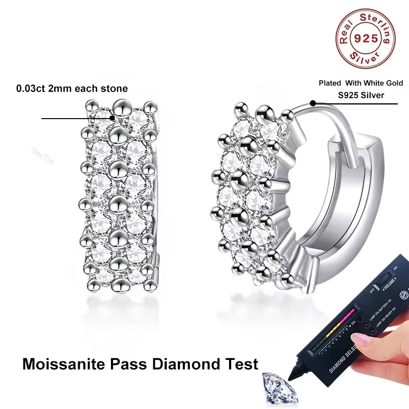 2Mm Full Moissanite Earrings Women Luxury Quality Party S925 Sterling Silver with White Gold Plated Hoop Wedding Earring