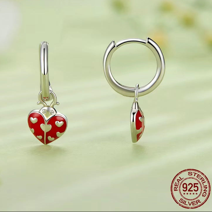 Real Sterling Silver Ladybird Drop Dangle Earrings for Women Red Oil Enamel Insects Ear Hoop Earring Party Jewelry Gift